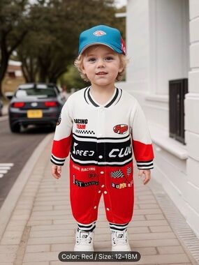 Red Racing Club One-Piece Romper Jumper for Toddlers Kids Sz 12-18 mo